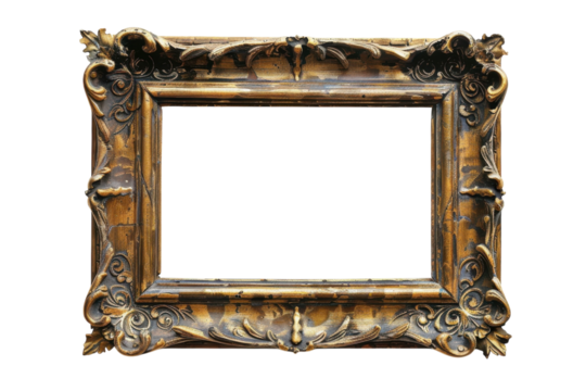An ornate vintage frame with intricate carvings, resting against a white wall, inviting creativity and imagination to fill its empty space isolated on transparent background