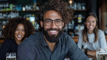 Fototapeta premium Smiling bearded man with curly hair and glasses enjoys drinks with friends at a bar.