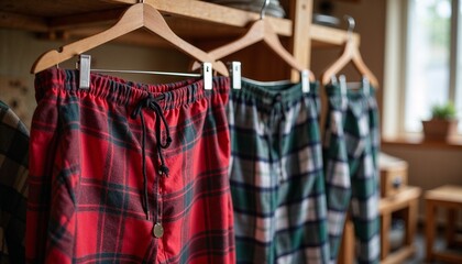 Flannel pajama pants on rustic wooden hanger, cozy indoor light
