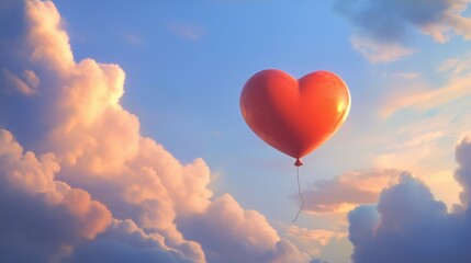 Obraz premium Heart-shaped balloon floats in the clear blue sky with fluffy clouds creating a joyful scene