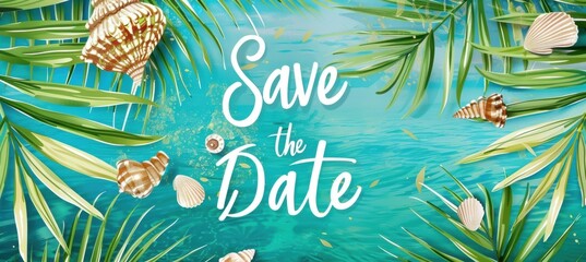 Tropical Save the Date Card with Palm Leaves and Seashells for Beach Wedding Design