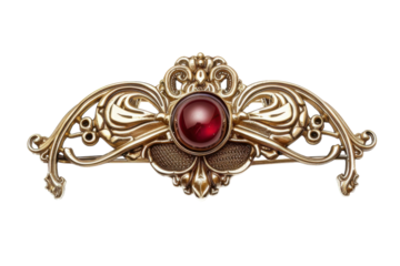 An ornate vintage brooch featuring an elegant design and a deep red gemstone, showcasing craftsmanship and historical charm isolated on transparent background