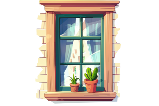 A charming window adorned with potted plants creates a serene setting, where sunlight filters through soft curtains, blending nature and comfort harmoniously