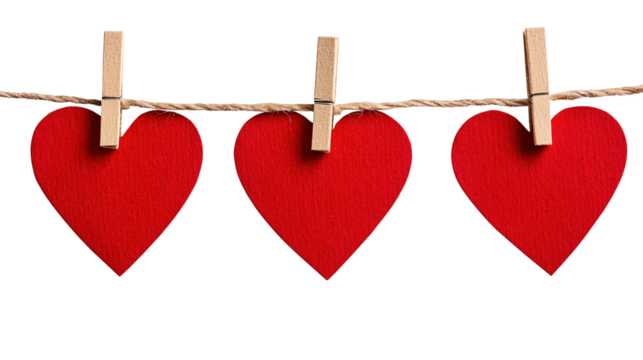 Three textured red paper hearts hanging from rustic rope image isolated transparent. Valentine garland cut out photo png. Handmade decoration cutout element object photography