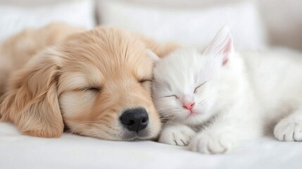 Puppy and kitten sleeping together on a bed.  Perfect for pet adoption campaigns