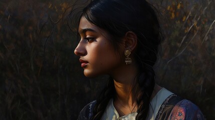 Ethereal Twilight Portrait of a Young Indian Woman - Poetic, Braided Hair, Soft Focus, and Windswept Elegance in 16:9 Frame