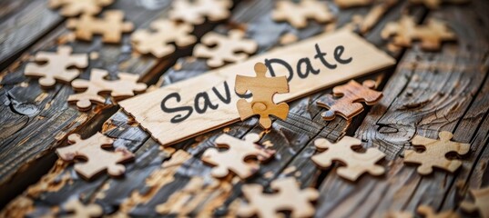 Naklejka premium Creative Save the Date Puzzle Invitation on Rustic Wooden Table for Unique Wedding Announcements