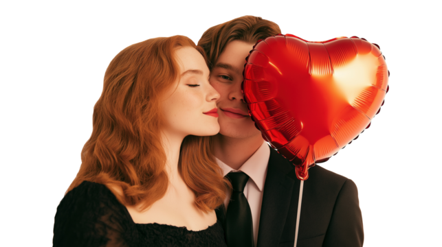 Romantic couple with heart balloon and loving pose image isolated transparent. Valentine portrait cut out photo png. Love celebration. Stylish boyfriend girlfriend cutout photography