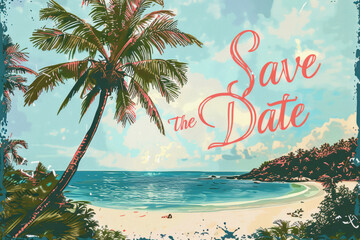 Tropical Island Save the Date Postcard with Sandy Beach and Palm Trees for Wedding Invitations