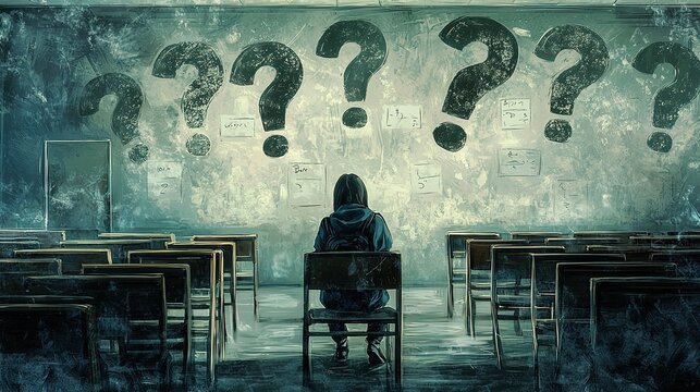 Student facing uncertainty in exam hall education setting digital art introspective mood rear view anxiety concept