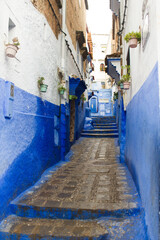 Stone alleyway with blue painted walls and potted plants in Chefchaouen, Morocco 