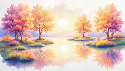 Tranquil autumn trees reflected in a calm lake