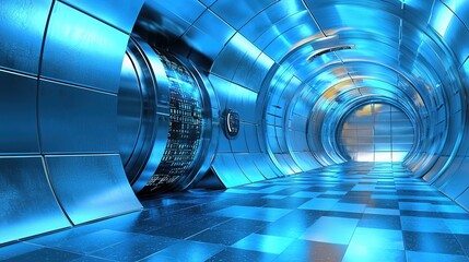 Secure transaction hub cyber vault digital environment high-tech space futuristic design