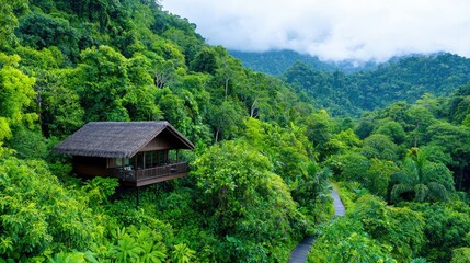 Jungle resort bungalow, hillside view, misty mountains, tranquil escape, travel brochure