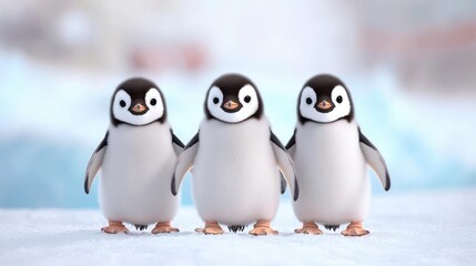 Obraz premium Three cute baby penguin chicks standing side by side on the snow in a bright polar landscape.