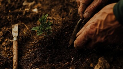 A close-up of hands planting a small sapling in rich, dark soil, with gardening tools nearby, symbolizing growth and a connection to nature.