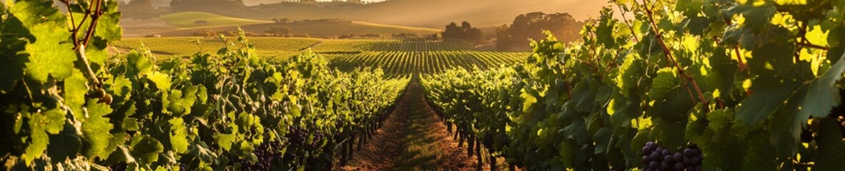 Naklejka premium Stunning Panoramic Vineyard at Golden Hour with Vibrant Green Vines and Colorful Grapes in Rolling Hills – Perfect for Nature and Agriculture Enthusiasts