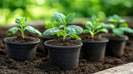 Seedlings growing in garden pots, outdoors