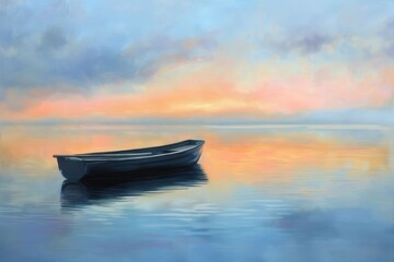 Fototapeta premium Tranquil Dawn: Pastel Skies and Boat on a Serene Lake for Nature-Themed Decor