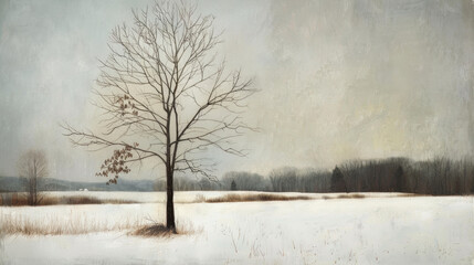 Serene Winter Landscape with Solitary Tree in Snow-Covered Field for Nature Posters