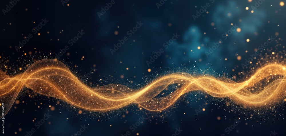 Poster abstract dark blue night sky background features shimmering golden glitter particles flowing like wa