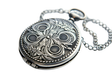 Obraz premium An intricately designed vintage pocket watch resting elegantly on a soft surface, showcasing its detailed floral engravings and delicate chain isolated on transparent background
