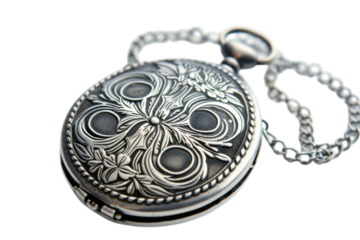 An intricately designed vintage pocket watch resting elegantly on a soft surface, showcasing its detailed floral engravings and delicate chain isolated on transparent background