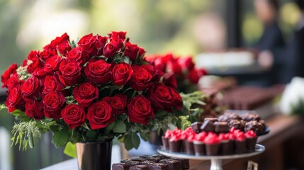 Romantic valentine's day celebration restaurant floral arrangement elegant setting close-up view