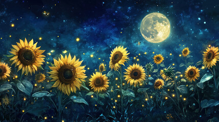 Glowing Sunflowers Under a Midnight Sky, Illuminated by Moonlight with Fireflies Dancing in the Summer Breeze