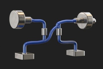 A 3D rendering of a blue pipe system with two circular end caps.