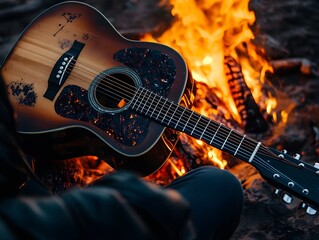 Obraz premium bonfire background musicians guitar blurred lap