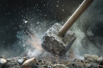 Dynamic Impact: Sledgehammer Mid-Swing with Flying Debris for Industrial Design and Posters