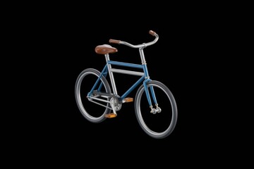 A classic blue bicycle with brown leather seat and handlebars, isolated on transparent background.