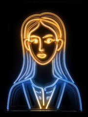 A vibrant neon artwork depicting a stylized woman’s face in glowing golden and blue tones. The sleek, minimalistic lines create a modern and captivating visual against the dark background