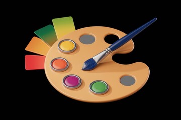 A wooden artists palette with colorful paint pots and a paintbrush.