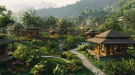 Sustainable village-based tourism model showcasing eco-friendly practices in serene mountain environment