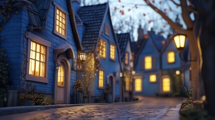 Obraz premium bright street scene with blue houses and yellow windows illuminated by light