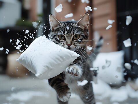Brave cat pillow fight on the city street concept
