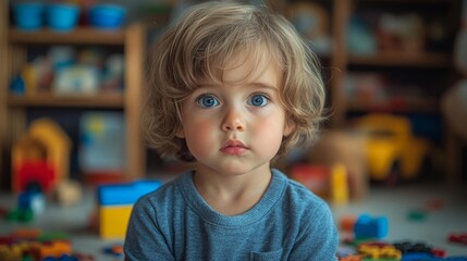 Child lost in thought surrounded by colorful toys. Generative AI
