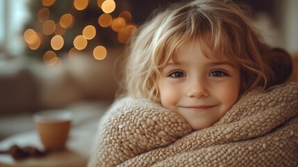 Child enjoying cozy moments with a warm drink. Generative AI