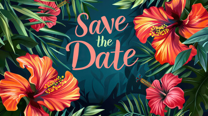 Tropical Save the Date Card with Vivid Hibiscus Flowers for Destination Wedding Design