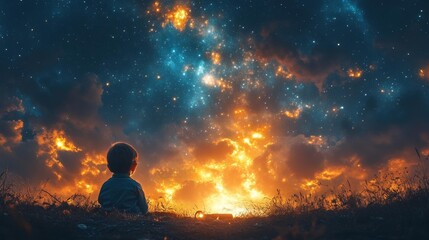 Obraz premium Child gazing at a starry sky filled with wonder and dreams. Generative AI