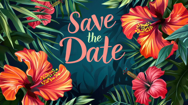 Tropical Save the Date Card with Vivid Hibiscus Flowers for Destination Wedding Design