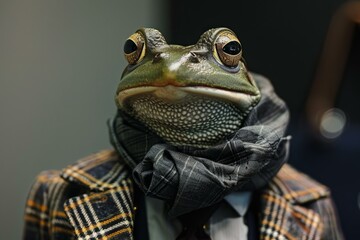 Green frog showcasing sophisticated style, wearing a checkered scarf and tweed jacket in a fashionable setting