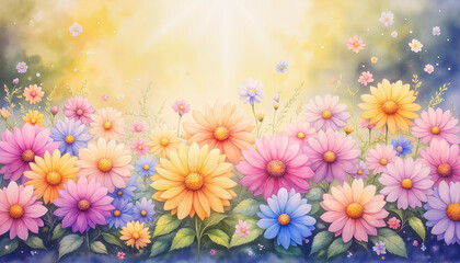 Field of colorful blooming daisies under bright sunlight