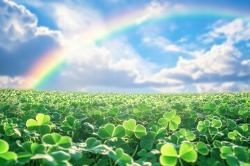 A vibrant rainbow arcs over a lush green clover field under a bright blue sky.