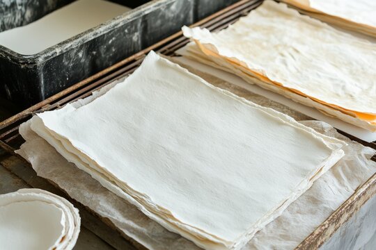Close-up of freshly made sheets of handmade paper drying on a rack, showcasing the traditional papermaking process