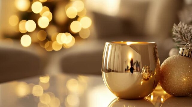 Table with a gold vase and three gold ornaments. The vase is on a table with a Christmas tree in the background