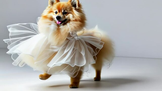 Spitz dog in white dress dancing on white background. Pet clothes.