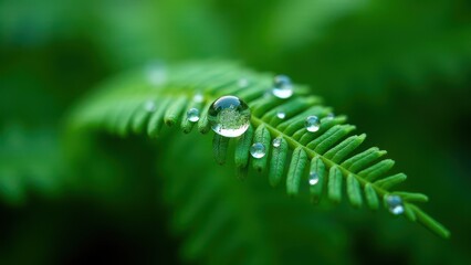 Macro photography of a green fern leaf with dew drops and natural reflections	